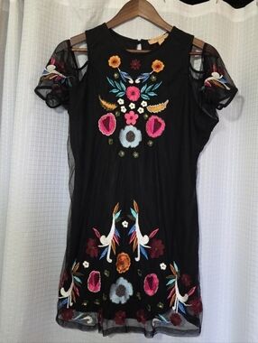 Kyra Tunic Black Cold Shoulder Large Embroidered Floral Tulle Whimsigoth Fairy